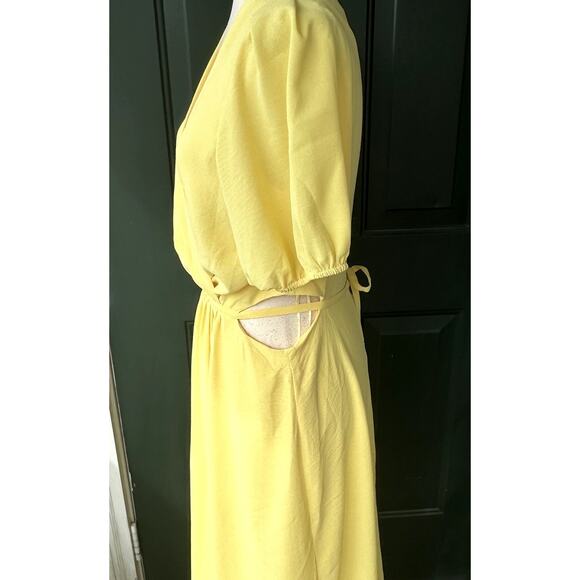 Maison Tara Sz 12 Butter Yellow Midi Dress w Tie Waist Cottagecore Feminine - Picture 4 of 8